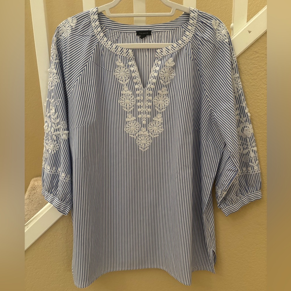 Talbots Blue and White Striped Embroidered 100% cotton Tunic